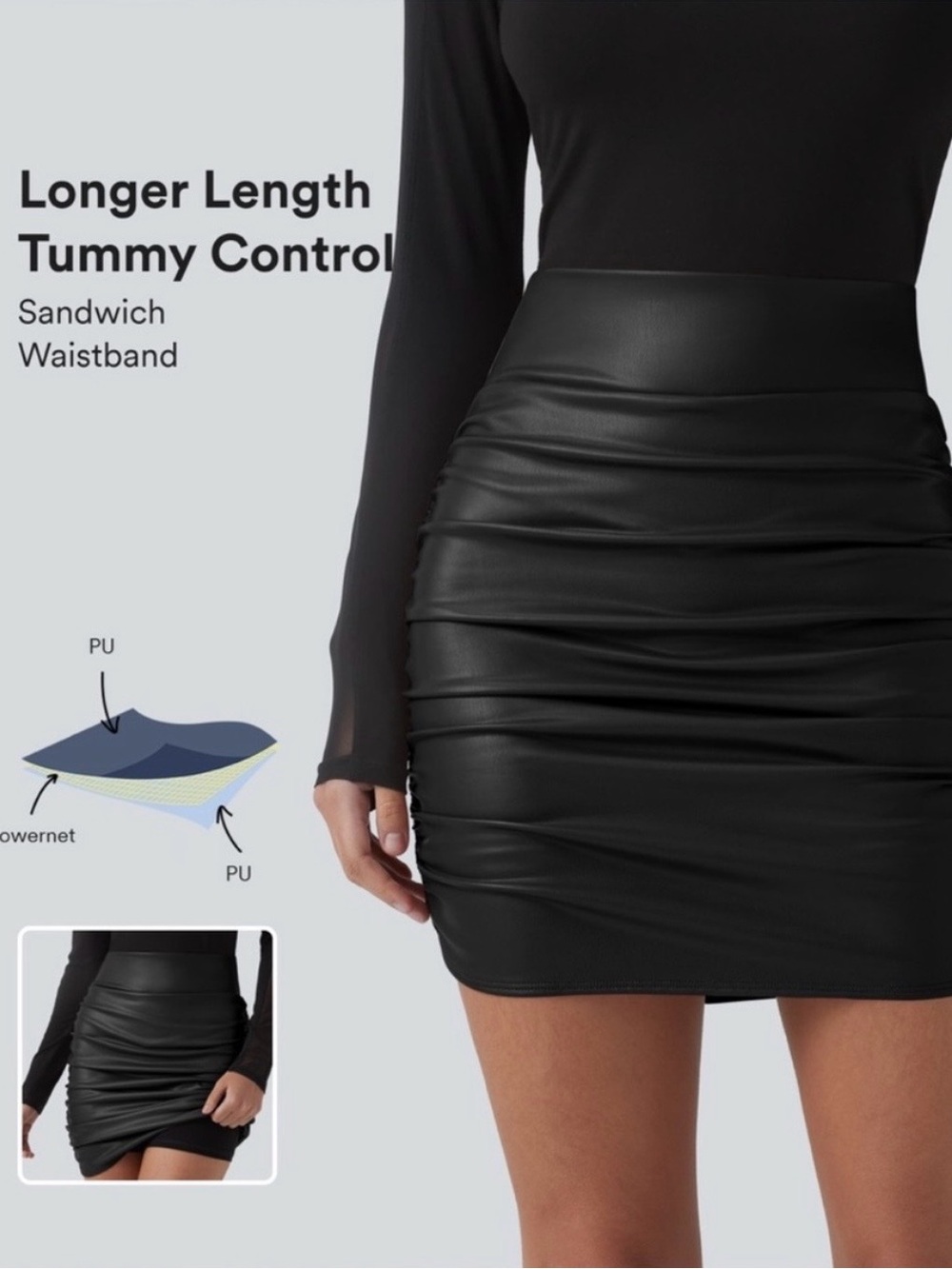 Halara Faux Leather Ruched Mini Skirt Skort - Tummy Control - Black Small - Picture 1 of 8